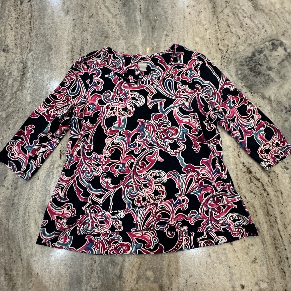 Chicos Sz 3 US XL Tunic Top Modal Floral Navy Layered Asymmetrical Hem Resort